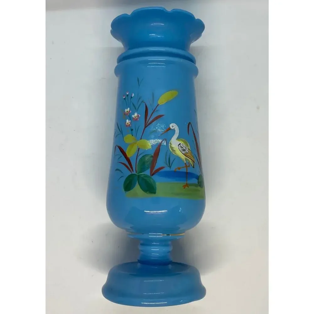 Late 19th Century Victorian Bristol Blue Glass Hand Painted and Enameled Vase